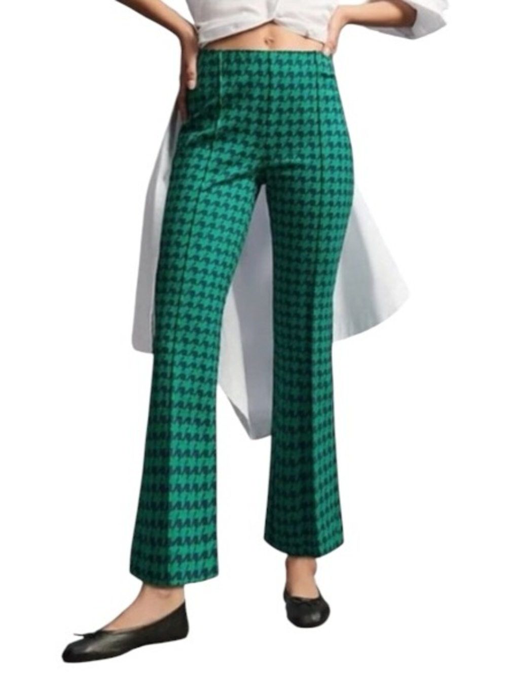 Maeve by Anthropologie The Margot Flare Pants Green Houndstooth Pull On Size XS